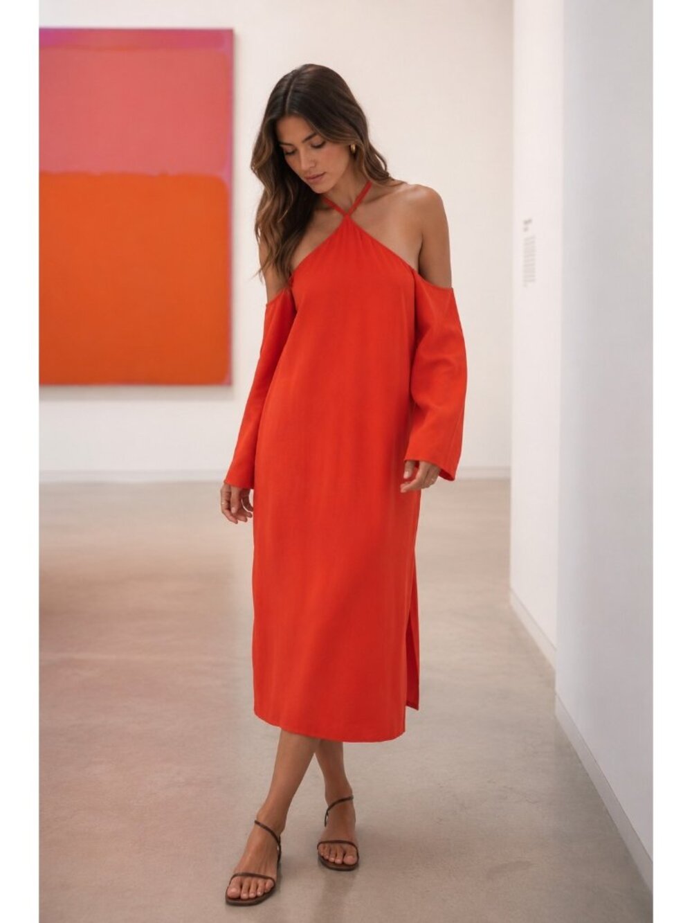 Anthropologie & Other Stories Cold Off Shoulder Long Orange Dress READ MEAS